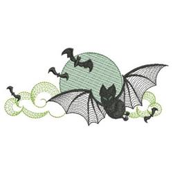 Whimsical bats in flight with intricate wing details soaring against a pale green moon and swirling clouds. Perfect for Hallo