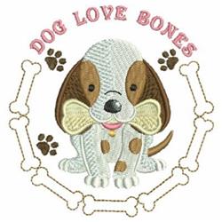 Colorful beagle with a bone, surrounded by dog bones and cheerful 'DOG LOVE BONES' text.