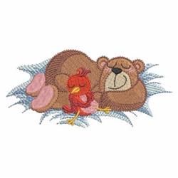 Whimsical bear sleeping on grass with a cozy red bird; a colorful, friendly nature scene.
