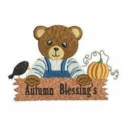 Playful bear in blue overalls leans on a sign 'Autumn Blessing's' with a bird, pumpkin, and vines in warm autumn colors.