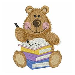 Playful bear with rosy cheeks sits on colorful books, holding a pencil, perfect for back to school designs.