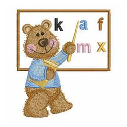 Cartoon bear in a blue shirt points to a chalkboard with colorful letters, perfect for back to school.