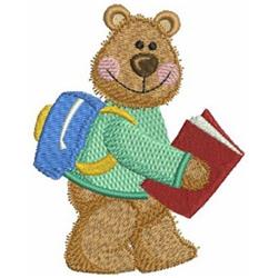 Cheerful bear in a light green sweater, holding a red book and blue backpack, perfect for back to school.