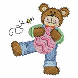Cartoon bear in overalls joyfully holding a pink balloon with a buzzing bee nearby, playful and cheerful.