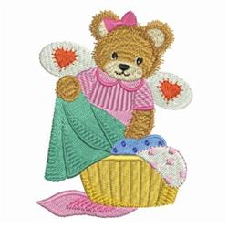 Cute bear with butterfly wings sitting by a colorful basket and soft blanket, exuding spring cheer.