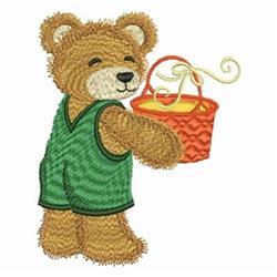Playful bear character in a green vest, smiling while holding a whimsical orange basket. Cute cartoon style.