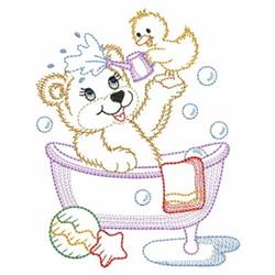Applique bear relaxing in a pink bathtub filled with bubbles, topped by a cheerful duck, perfect for baby showers.