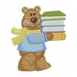 Applique bear with a cheerful smile holds a stack of colorful books, wearing a blue sweater and yellow scarf.