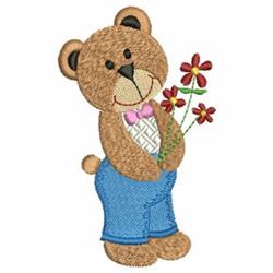 Cartoon bear with light brown fur in blue pants and pink bowtie, holding colorful flowers, playful design.