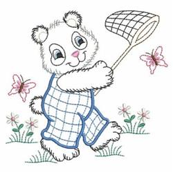 Cartoon bear in checkered overalls holding a net, surrounded by colorful flowers and butterflies in a playful spring scene.