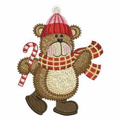 Cheerful bear in winter attire with a red striped hat and scarf, holding a candy cane. Playful design for seasonal embroidery