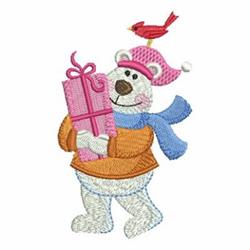 Applique bear in a pink hat and orange sweater, joyfully holding a pink gift with a cardinal atop, festive winter theme.