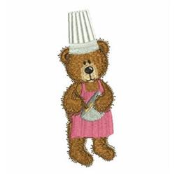 Applique bear in a chef's outfit, wearing a white hat and pink apron, holding a spoon in a playful pose.