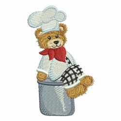 Cute bear chef in a bucket wearing a white hat and checkered apron, perfect for whimsical kitchen decor.