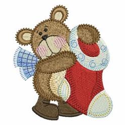 Cute bear holding a red stocking with blue patterns and a checkered bow, perfect for festive kids' Christmas decor.