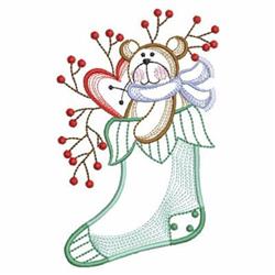 Applique bear peeking out of a green stocking, adorned with red berries and a heart, exuding Christmas cheer.