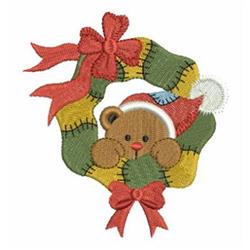Cheerful bear in a festive hat peeking from a vibrant Christmas wreath with a red ribbon.