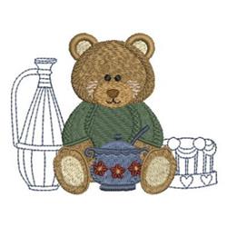 Whimsical bear in a green sweater sits by a cookie jar, milk jug, and cake, creating a playful scene.