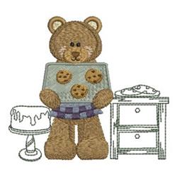 Cute bear holding a tray of cookies, adorned with a pastel apron, beside a cake stand and nightstand, creating a warm kitchen