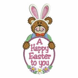 Playful bear with bunny ears holds a colorful Easter egg featuring 'A Happy Easter to you', surrounded by flowers.