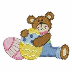 Playful bear in blue outfit joyfully holds a yellow Easter egg with blue dots and a pink striped egg.