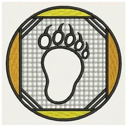 Modern bear footprint in black outline, set within a circle with yellow and brown accents against a muted grid background.