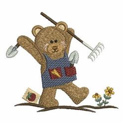 Whimsical bear holding a rake and spade, surrounded by spring flowers and gardening tools.