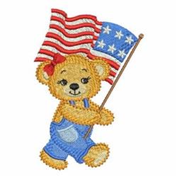 Cute bear in blue overalls cheerfully holding an American flag for Independence Day, with vibrant colors.