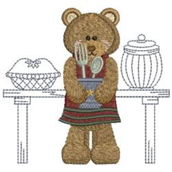 Whimsical bear in a colorful apron, holding kitchen utensils on a wooden table with a pie dish.