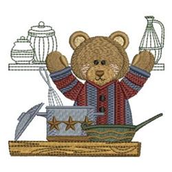 Cartoon bear in a striped apron joyfully stands in a kitchen with a cooking pot and whisk.