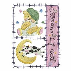Whimsical bear in a green nightcap rests on soft fabric, surrounded by stars and a leaping cow over a crescent moon.