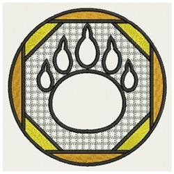 Bold bear paw with black outline and vibrant yellow, orange accents in a hexagonal frame.