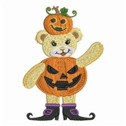 Playful bear dressed as a pumpkin with a jack-o'-lantern face and black witch boots, perfect for Halloween.