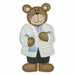 Cartoon bear scientist in a white lab coat with a purple tie, joyfully holding a test tube.
