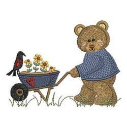 Whimsical bear in a blue sweater pushes a wheelbarrow of yellow flowers, while a bird adds charm to this spring scene.
