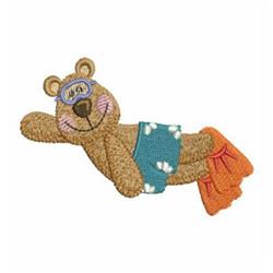 Cute bear in swim trunks and orange flippers, goggles on, playfully splashing in the summer water.