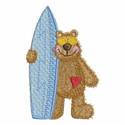 Playful bear holding a light blue surfboard, wearing yellow sunglasses and a red heart on its chest for summer vibes.