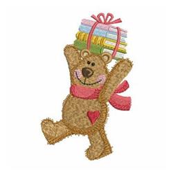 Cheerful bear holding a colorful stack of towels, wearing a pink scarf with a heart on its belly.