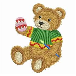 Cuddly bear toy wearing a colorful green shirt, holding a maraca, perfect for playful embroidered designs.