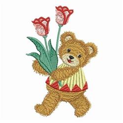 Playful bear in a striped shirt holding vibrant tulips, embodying spring's cheerfulness. Applique design.