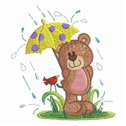 Playful applique bear holding a yellow umbrella, surrounded by grass, with a red bird nearby in a spring scene.