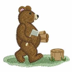 Cartoon bear with axe stands on grass by a tree stump, featuring warm colors and detailed fur stitching.
