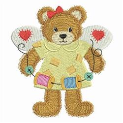 Cute bear in a yellow dress with butterfly wings, holding colorful thread spools and red hearts. Playful Applique design.