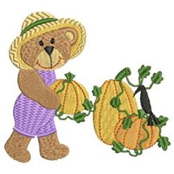 Playful bear in a straw hat and purple outfit holds pumpkins in a colorful fall scene with a black bird nearby.