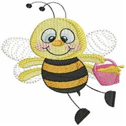 Colorful cartoon bee with yellow body and black stripes, holding a pink basket. Cheerful and playful design for kids.