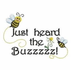 Playful text 'Just heard the Buzzzzzz!' with cartoon bees and a flower design, perfect for kids.