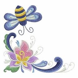 Whimsical bee with yellow and blue stripes hovers above a pink and yellow flower, swirling green and blue accents, spring des