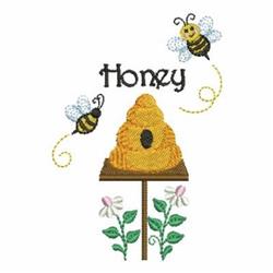 Whimsical bee hive with bright yellow structure, cartoon bees, and colorful flowers below, ideal for nature lovers.
