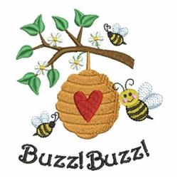 Playful bee hive with heart detail, vibrant branches and buzzing cartoon bees, perfect for spring decor.