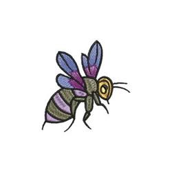Colorful bee with vibrant purple and blue wings, striped body, and yellow eye, designed for playful embroidery.